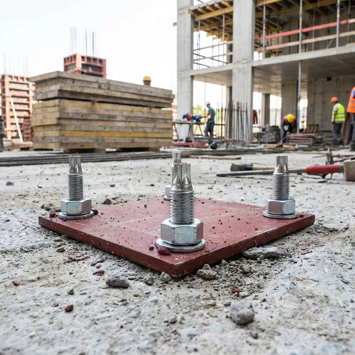 Anchor bolts on a base plate at a construction site